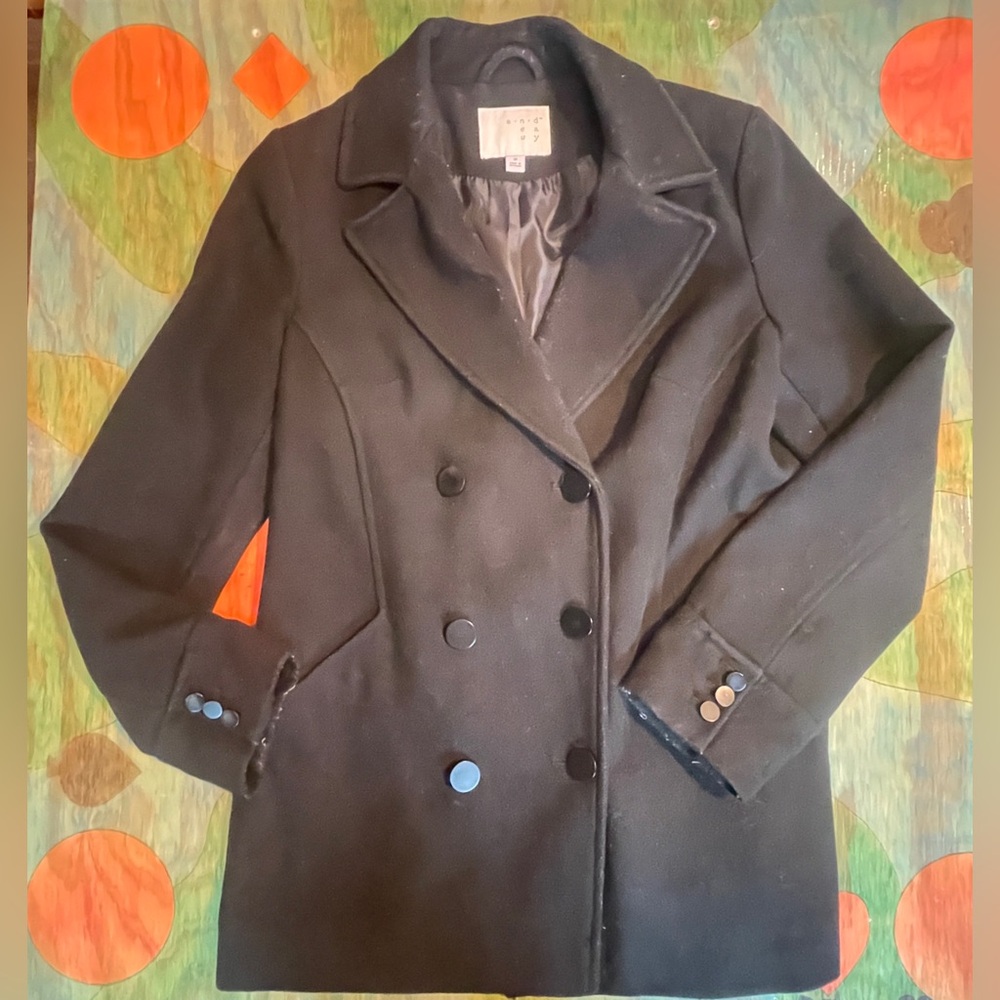 A New Day Pea Coat Womens Medium Black Double Breasted Buttons RN17730 A.N.D.